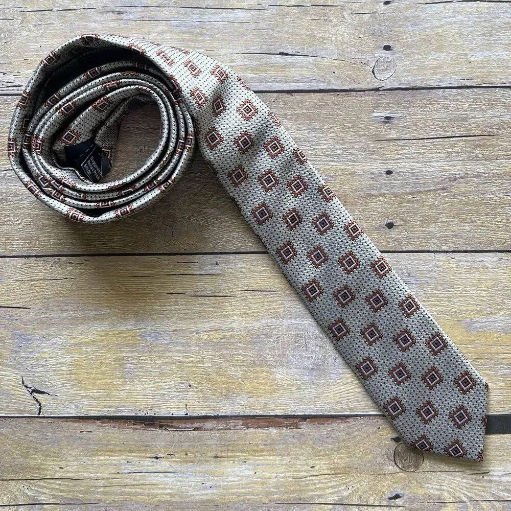 Adolfo Mens Necktie Brown‎ Tan Geometric Square Pattern Silk Blend Classic Tie